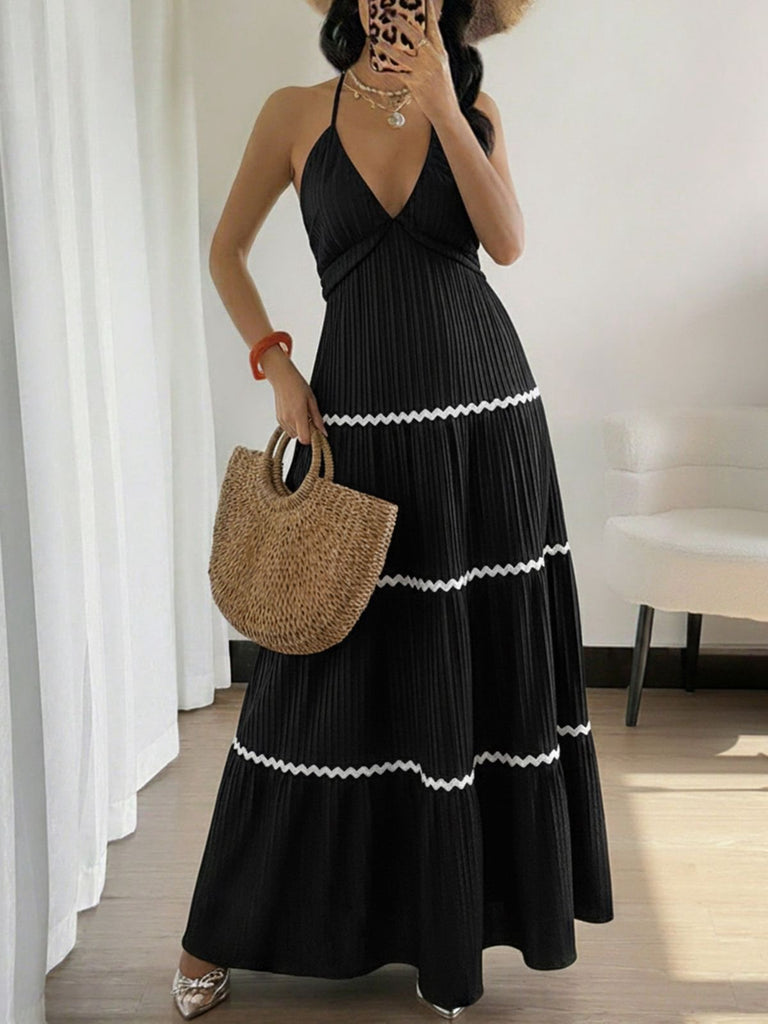 Black 1930s Halter Backless Colorblock Maxi Dress - vintage dress, retro fashion, elegant style for vintage lovers