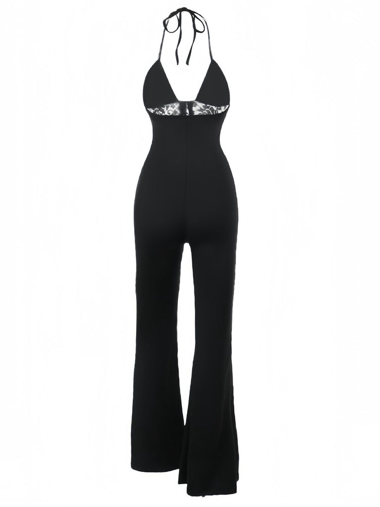 Black 1930s Halter Lace Bell-Bottom Jumpsuit: timeless 1930s elegance she makes her own