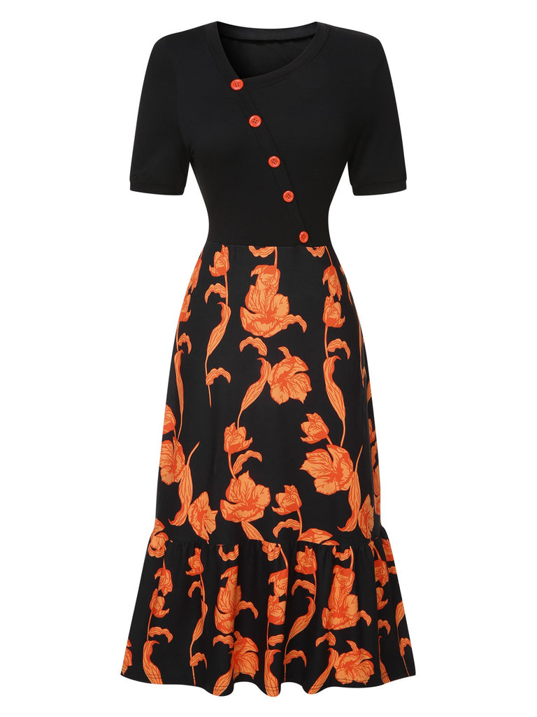 Black 1930s Irregular Neckline Floral Patchwork Dress, vintage dress, retro fashion, floral print - perfect for women who love vintage and retro fashion
