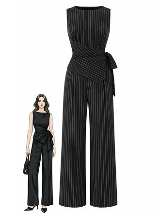 Black 1930s Knit Pinstripe Asymmetric Top & Wide Leg Pants, vintage top, retro blouse - vintage inspired fashion