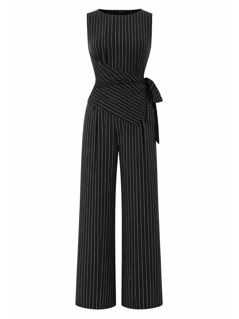 Black 1930s Knit Pinstripe Asymmetric Top & Wide Leg Pants, vintage top, retro blouse - vintage inspired fashion