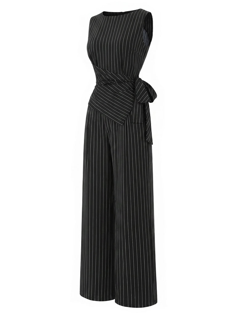 Black 1930s Knit Pinstripe Asymmetric Top & Wide Leg Pants, vintage top, retro blouse - vintage inspired fashion