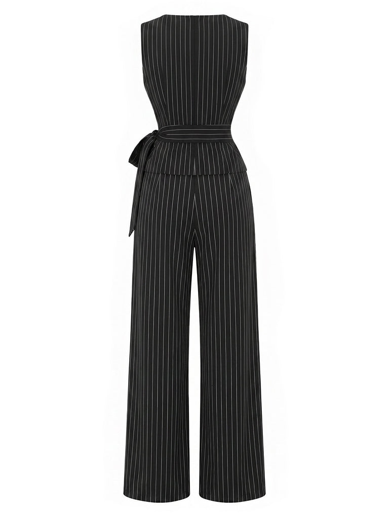 Black 1930s Knit Pinstripe Asymmetric Top & Wide Leg Pants, vintage top, retro blouse - vintage inspired fashion