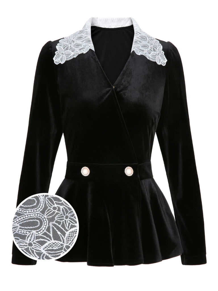 Black 1930s Lace Lapel Collar Velvet Top - vintage fashion, retro style, classic black