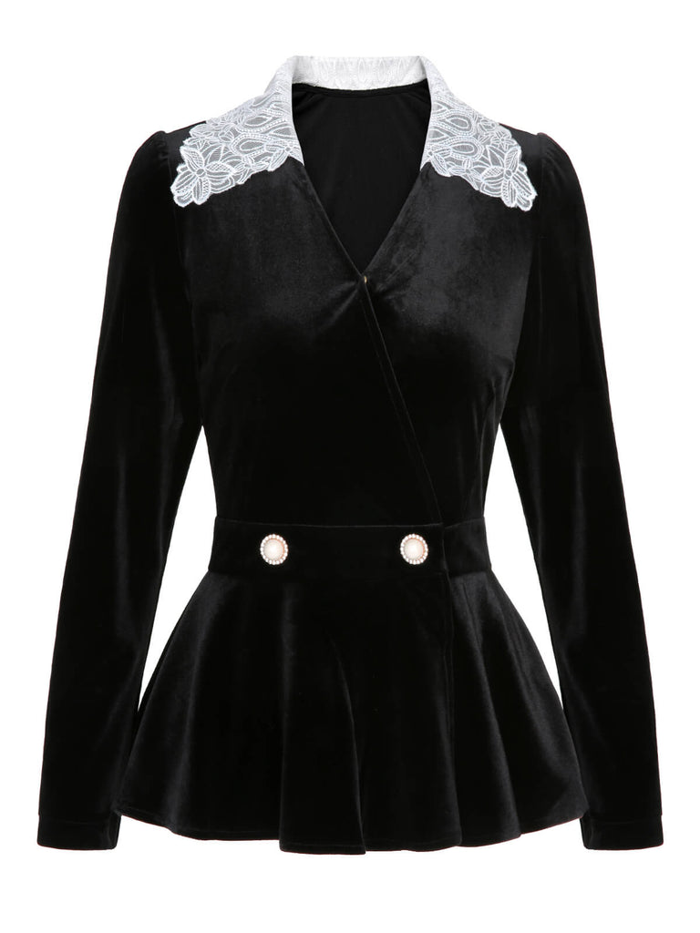 Black 1930s Lace Lapel Collar Velvet Top - vintage fashion, retro style, classic black