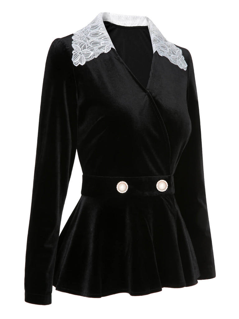 Black 1930s Lace Lapel Collar Velvet Top - vintage fashion, retro style, classic black