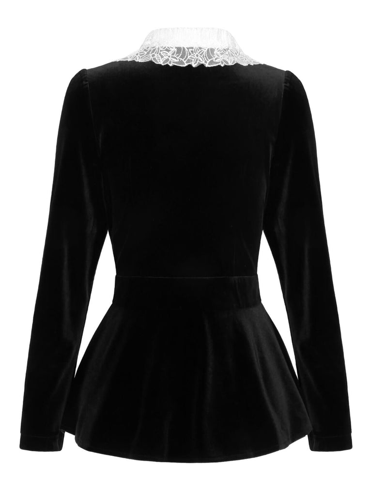Black 1930s Lace Lapel Collar Velvet Top - vintage fashion, retro style, classic black