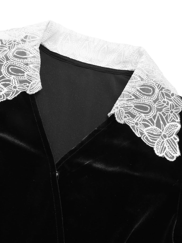 Black 1930s Lace Lapel Collar Velvet Top - vintage fashion, retro style, classic black