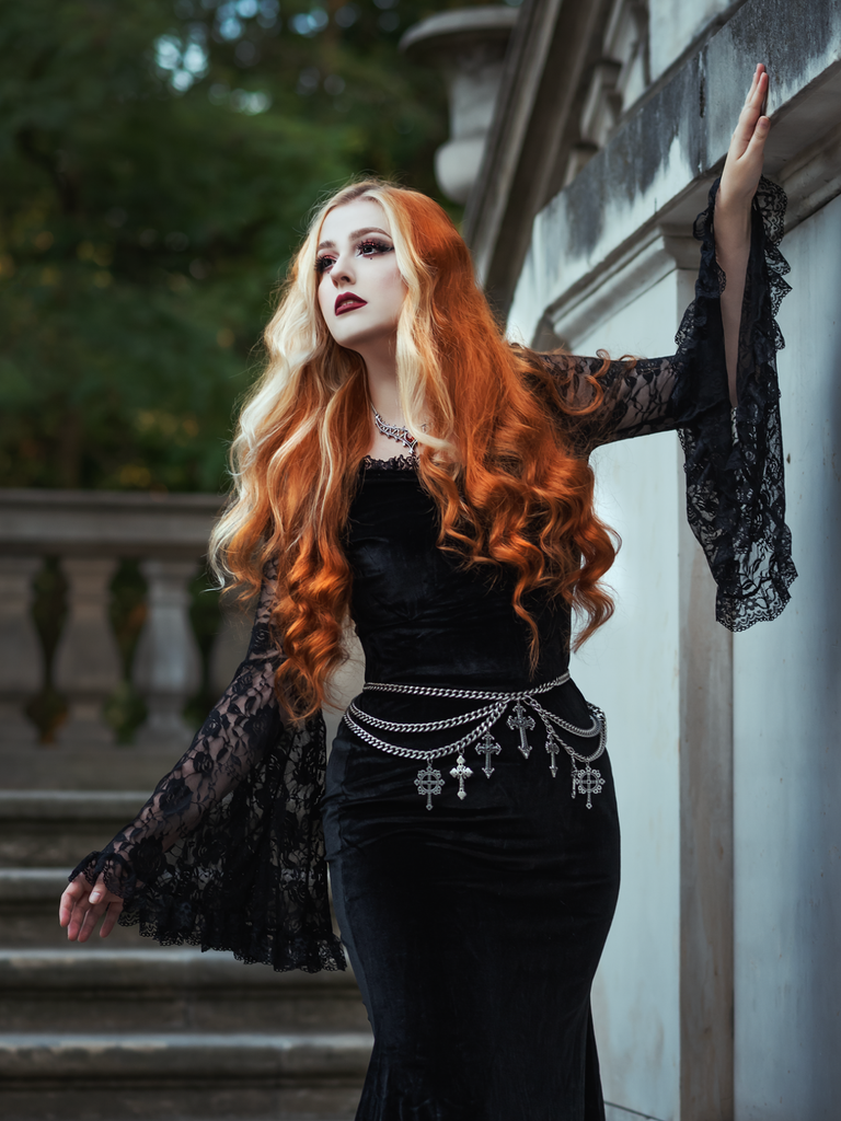 Black 1930s Lace Sleeve Velvet Fishtail Dress, vintage dress, retro fashion - vintage inspired fashion