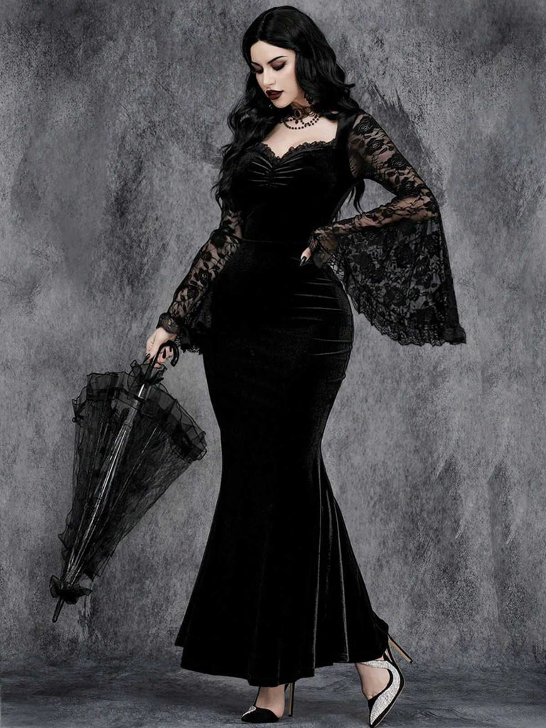 Black 1930s Lace Sleeve Velvet Fishtail Dress - vintage dress, retro fashion, classic black