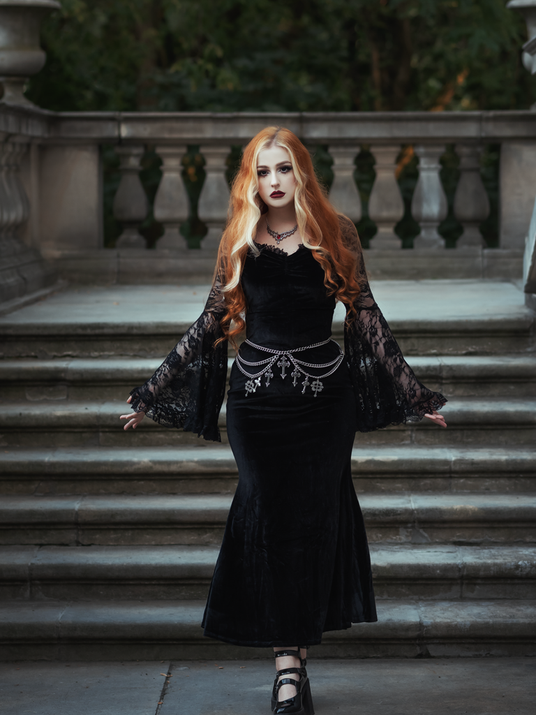 Black 1930s Lace Sleeve Velvet Fishtail Dress, vintage dress, retro fashion - vintage inspired fashion
