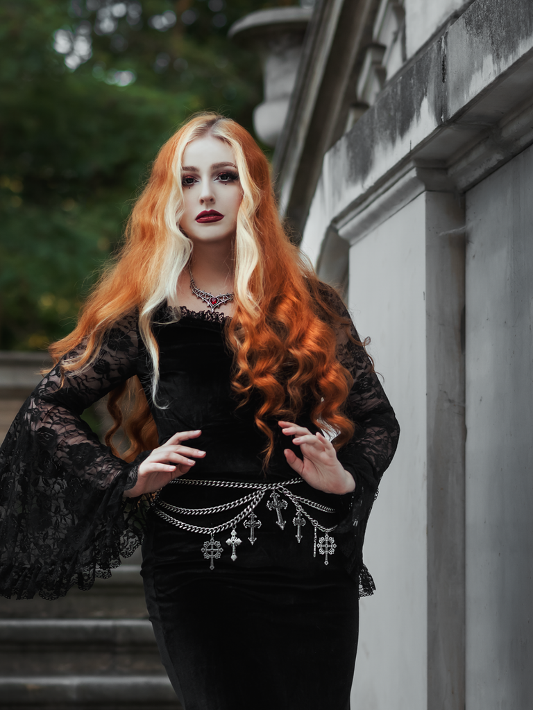 Black 1930s Lace Sleeve Velvet Fishtail Dress, vintage dress, retro fashion - vintage inspired fashion