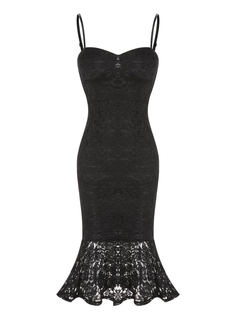 Black 1930s Lace Spaghetti Strap Mermaid Dress, vintage dress, retro fashion, lace detail - perfect for women who love vintage and retro fashion