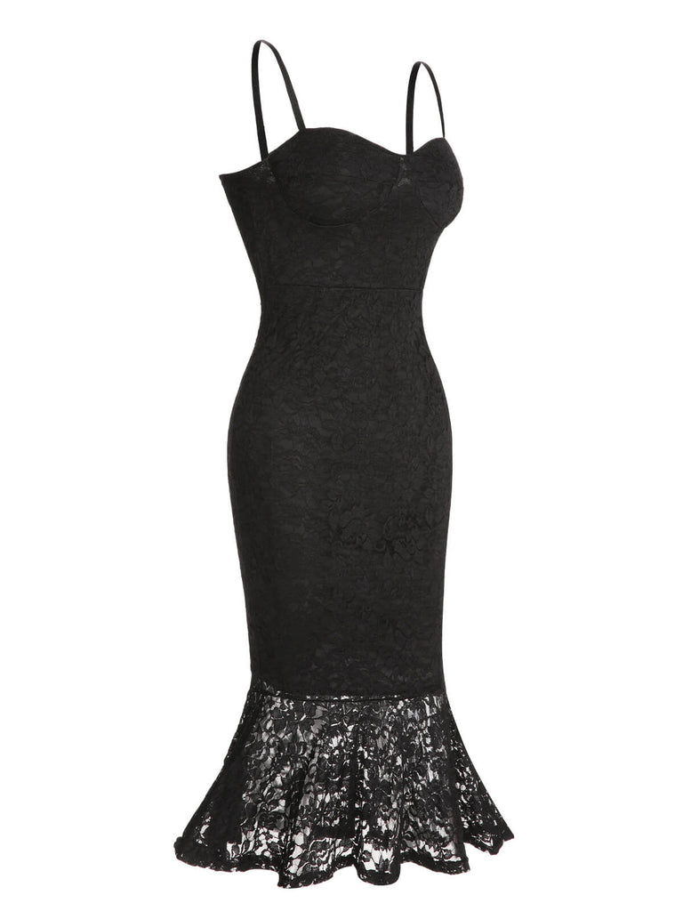 Black 1930s Lace Spaghetti Strap Mermaid Dress, vintage dress, retro fashion, lace detail - perfect for women who love vintage and retro fashion