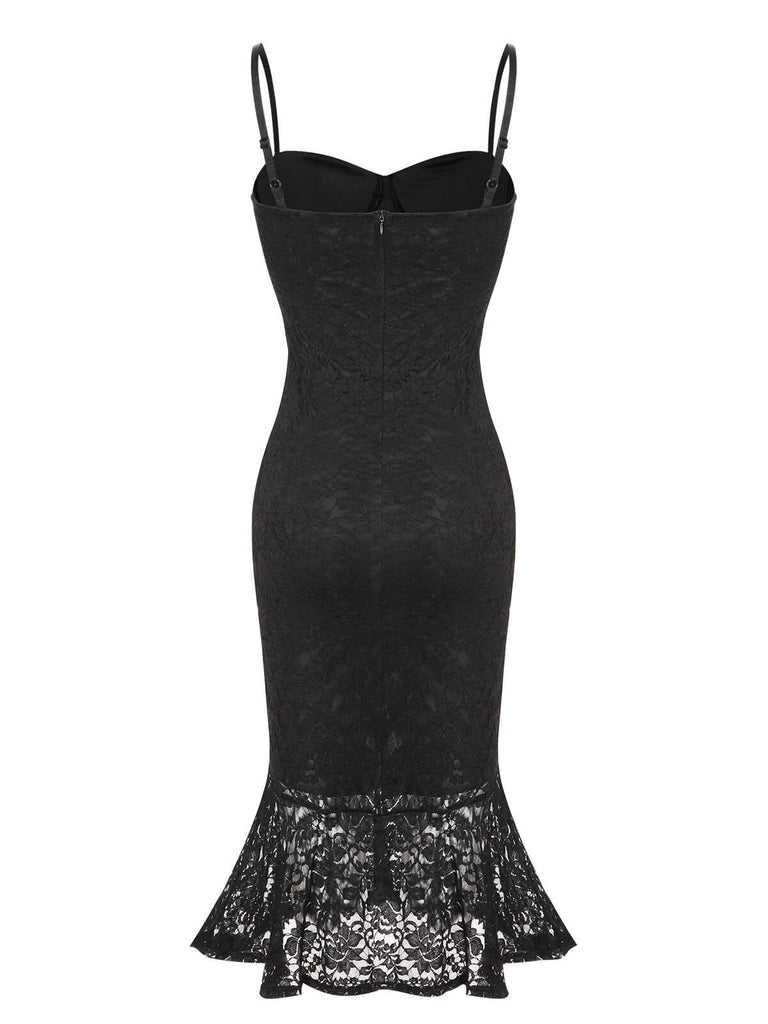Black 1930s Lace Spaghetti Strap Mermaid Dress, vintage dress, retro fashion, lace detail - perfect for women who love vintage and retro fashion