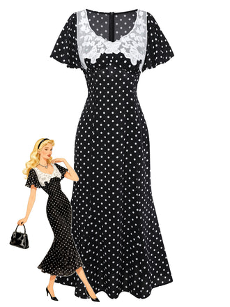 Black 1930s Lace Trim Polka Dot Dress - vintage dress, retro fashion, classic black