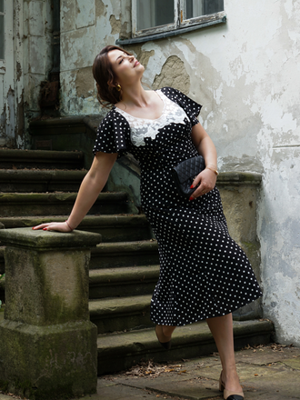 Black 1930s Lace Trim Polka Dot Dress, vintage dress, retro fashion - vintage inspired fashion