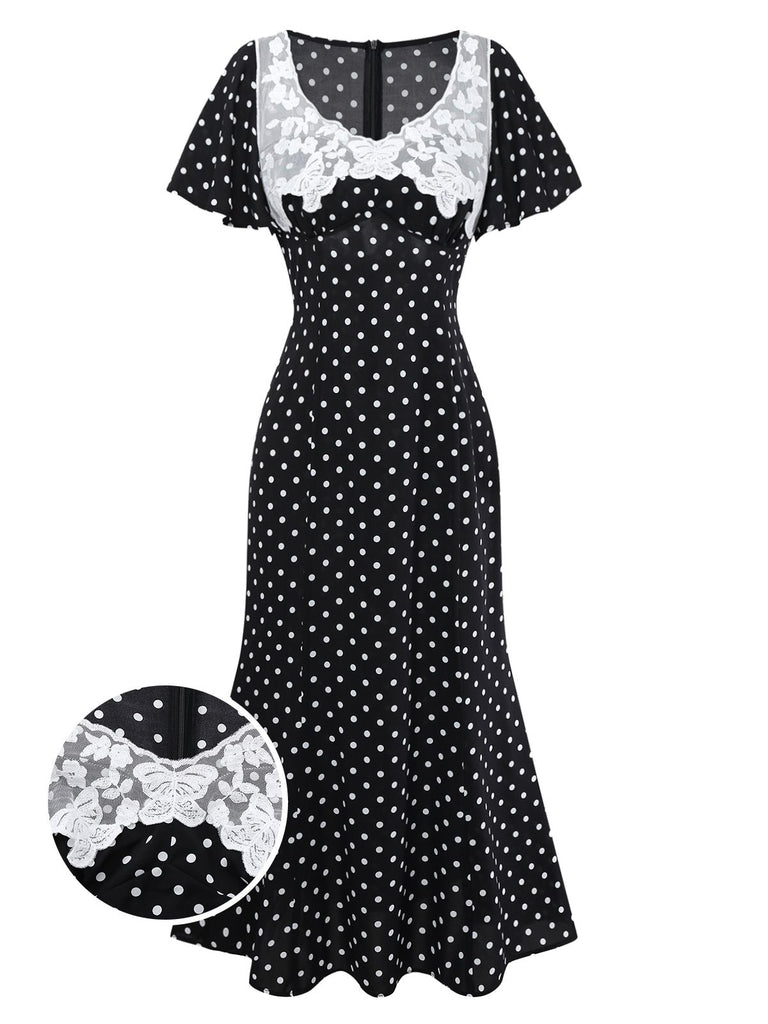 Black 1930s Lace Trim Polka Dot Dress - vintage dress, retro fashion, classic black