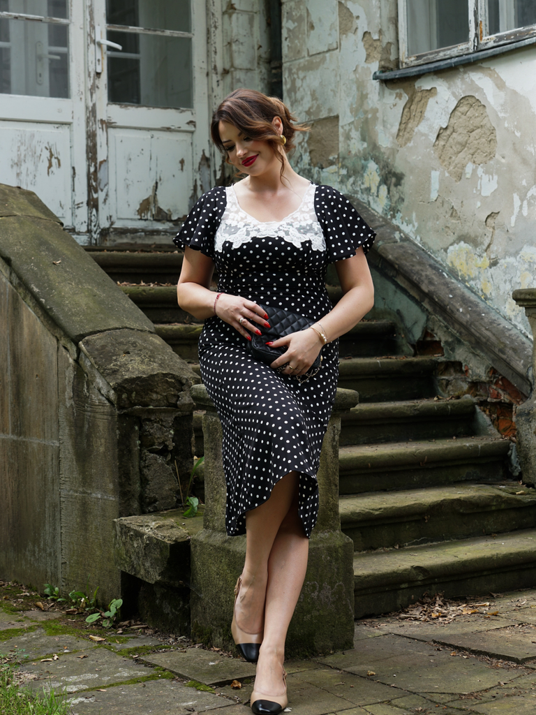 Black 1930s Lace Trim Polka Dot Dress, vintage dress, retro fashion - vintage inspired fashion