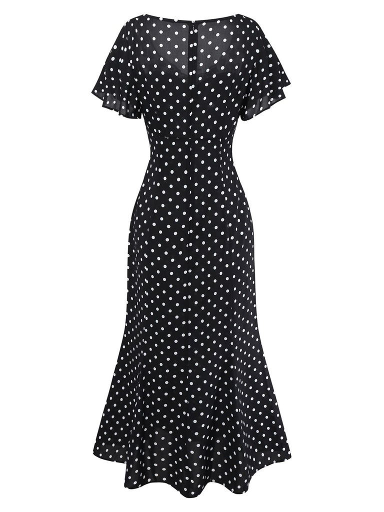 Black 1930s Lace Trim Polka Dot Dress - vintage dress, retro fashion, classic black
