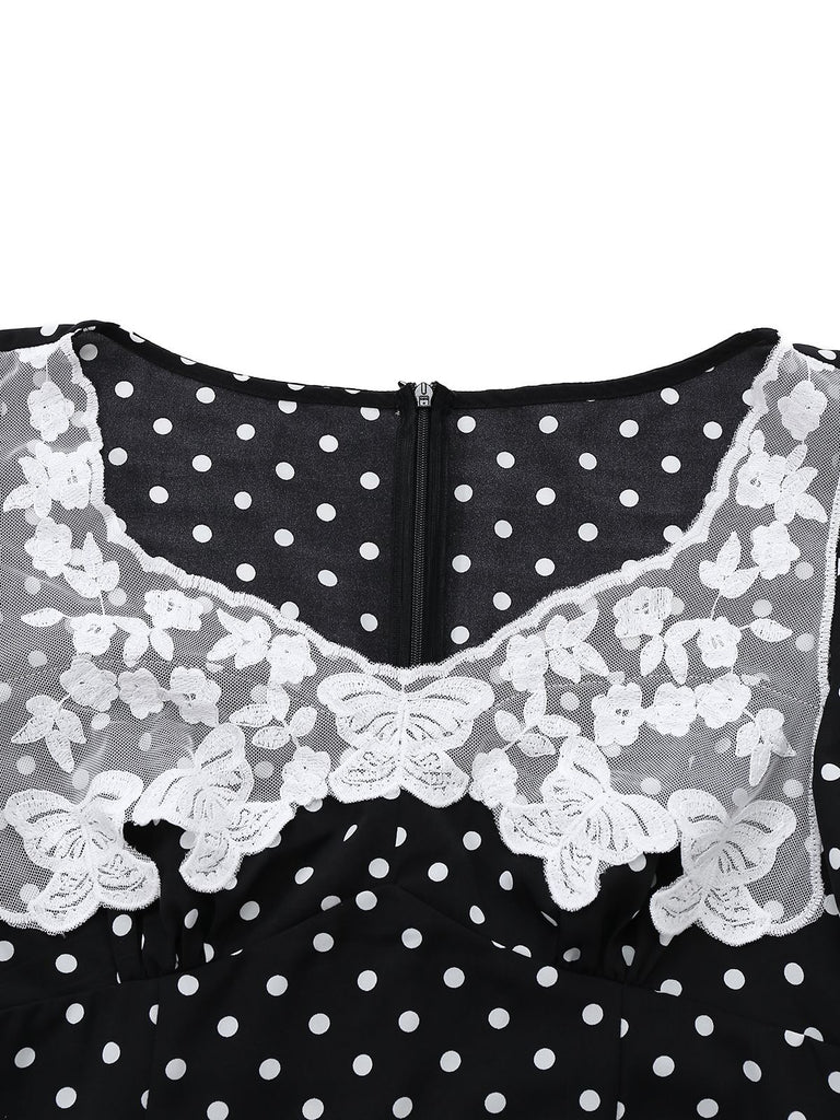 Black 1930s Lace Trim Polka Dot Dress - vintage dress, retro fashion, classic black