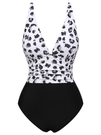 Black 1930s Leopard Patchwork V-Neck Swimsuit, vintage swimsuit, pin-up swimwear - perfect for women who love vintage and retro fashion