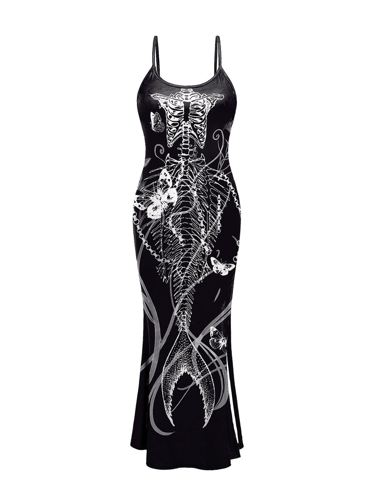 She slips into this Black 1930s Mermaid Skeleton Spaghetti Straps Dress and suddenly it's a 1930s daydream