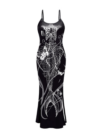 She slips into this Black 1930s Mermaid Skeleton Spaghetti Straps Dress and suddenly it's a 1930s daydream