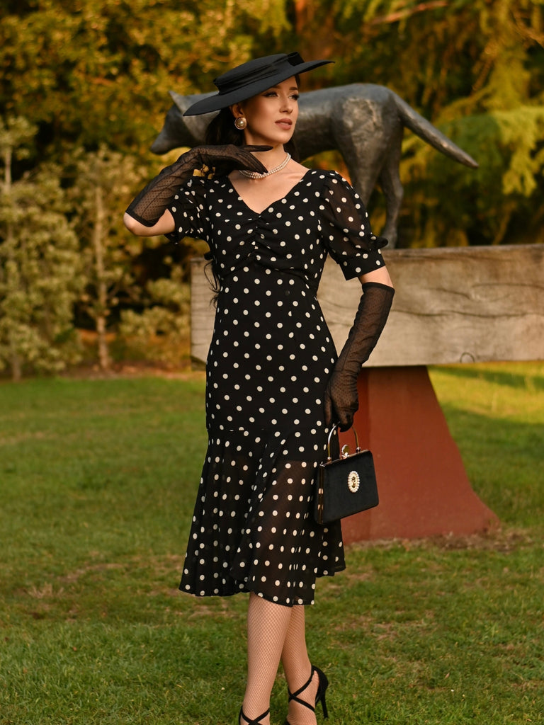 Black 1930s Polka Dot Mermaid Dress: where 1930s romance meets her modern spirit