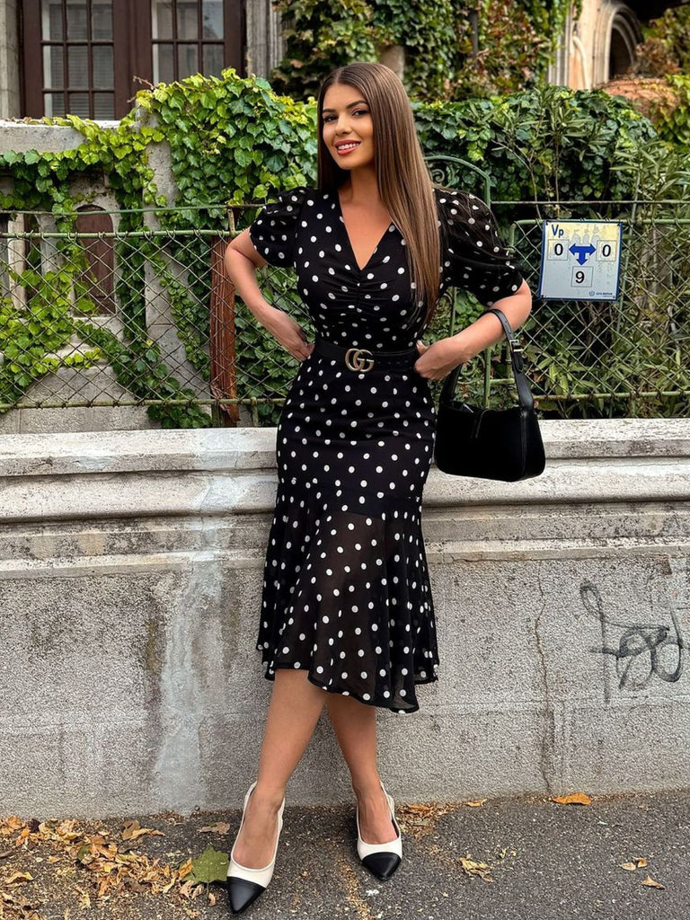 She slips into this Black 1930s Polka Dot Mermaid Dress and suddenly it's a 1930s daydream