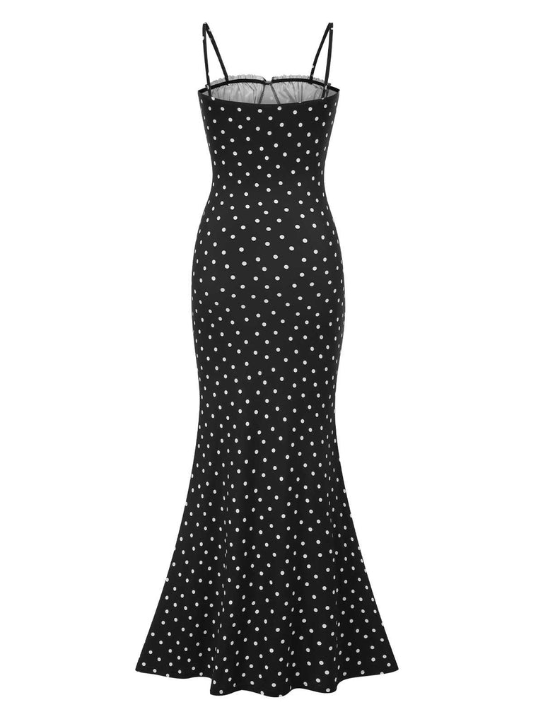 Black 1930s Polka Dots Backless Mermaid Maxi Dress: where 1930s romance meets her modern spirit