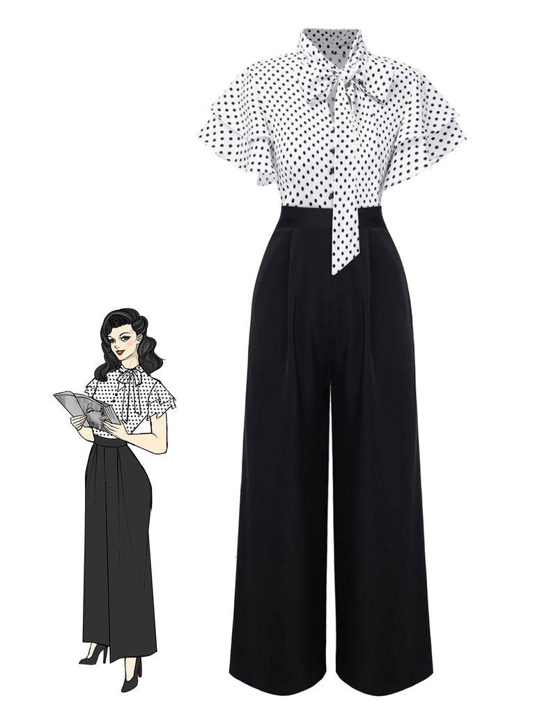 She finds her 1930s story in this Black 1930s Polka Dots Tie-Neck Jumpsuit