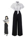 She finds her 1930s story in this Black 1930s Polka Dots Tie-Neck Jumpsuit