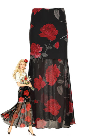Black 1930s Rose Sheer Maxi Mermaid Skirt - vintage skirt, retro style, classic black