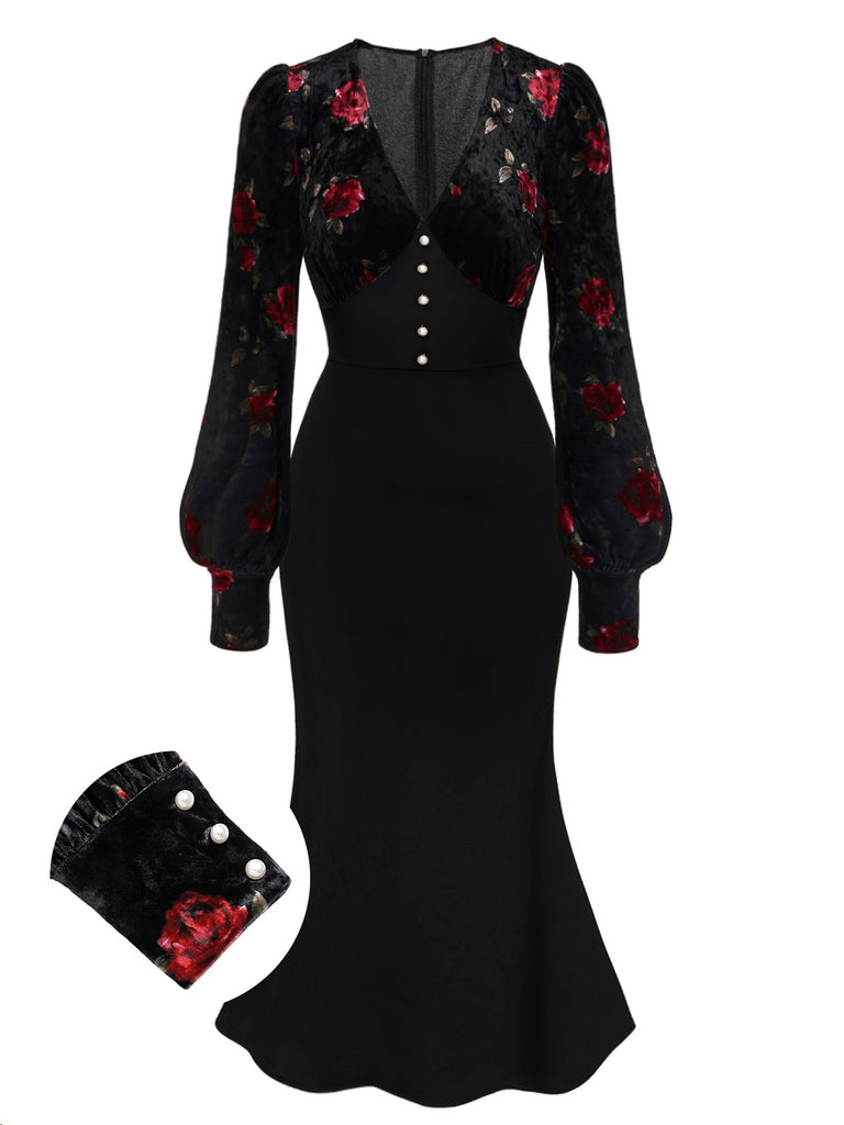 She slips into this Black 1930s Rose Velvet Fishtail Dress and suddenly it's a 1930s daydream