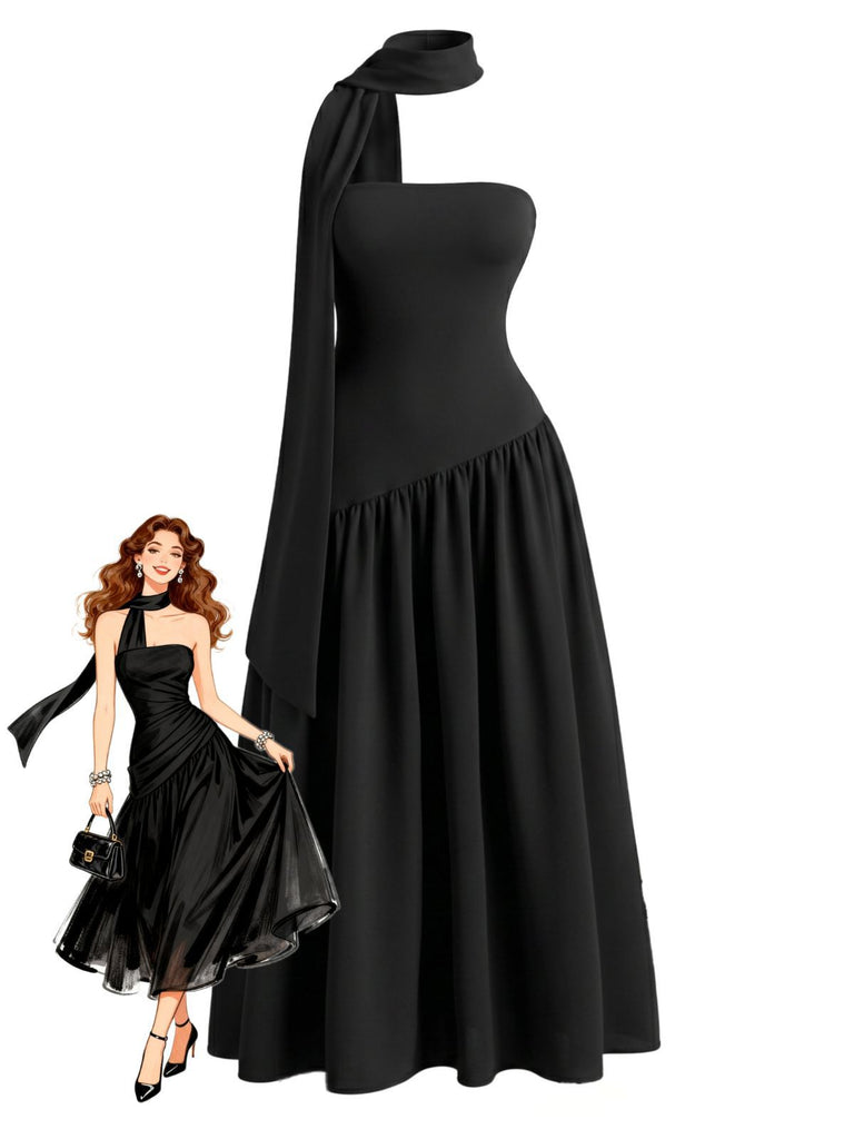 Black 1930s Scarf Neck Strapless Asymmetric Maxi Dress, vintage dress, retro fashion - perfect for women who love vintage and retro fashion