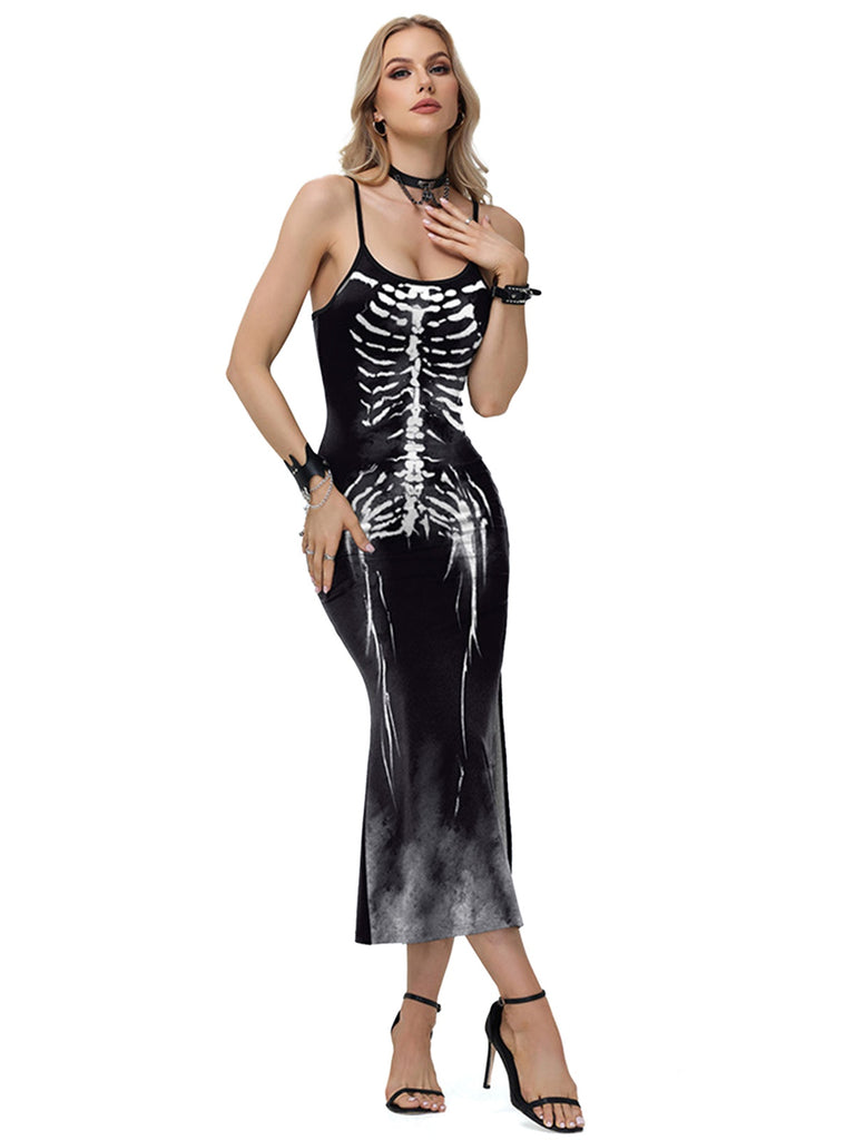 Black 1930s Skeleton Slit Spaghetti Straps Dress: where 1930s romance meets her modern spirit