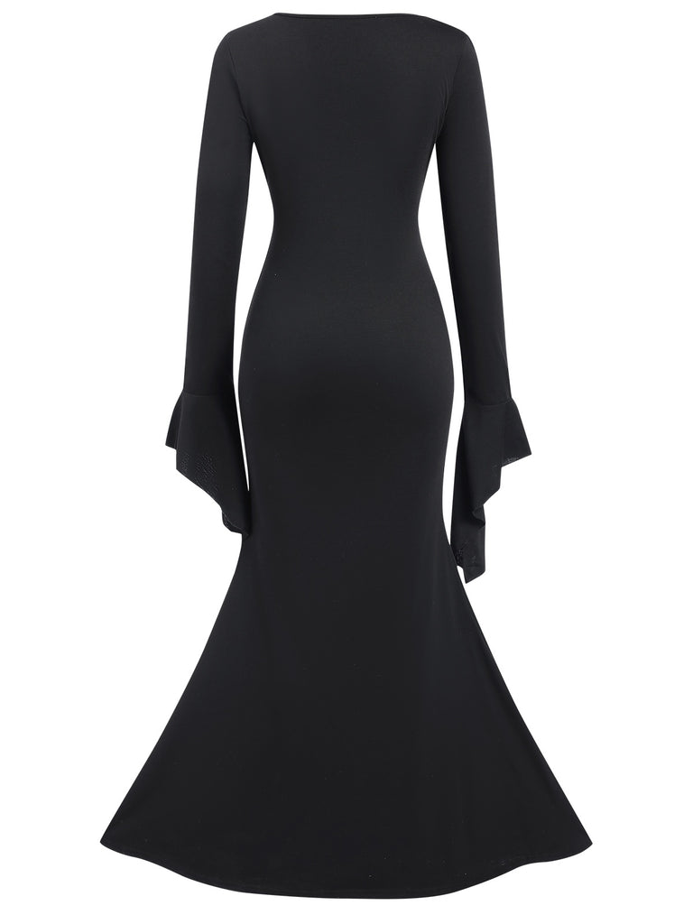 Black 1930s Sold Batwing Cuffs Fishtail Dress, vintage dress, retro fashion - perfect for women who love vintage and retro fashion