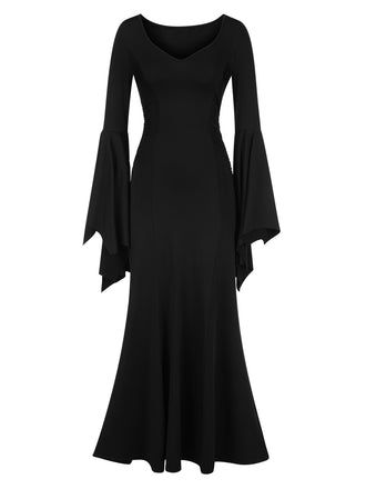Black 1930s Solid Batwing Cuffs Fishtail Dress, vintage dress, retro fashion - perfect for women who love vintage and retro fashion