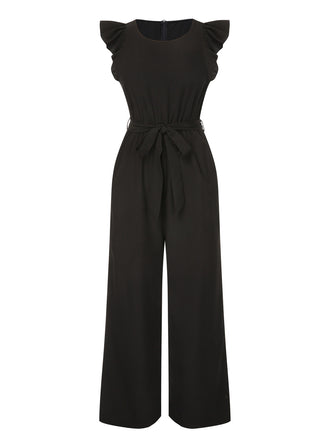 Black 1930s Solid Ruffle Sleeves Belted Jumpsuit, vintage romper, retro jumpsuit - perfect for women who love vintage and retro fashion
