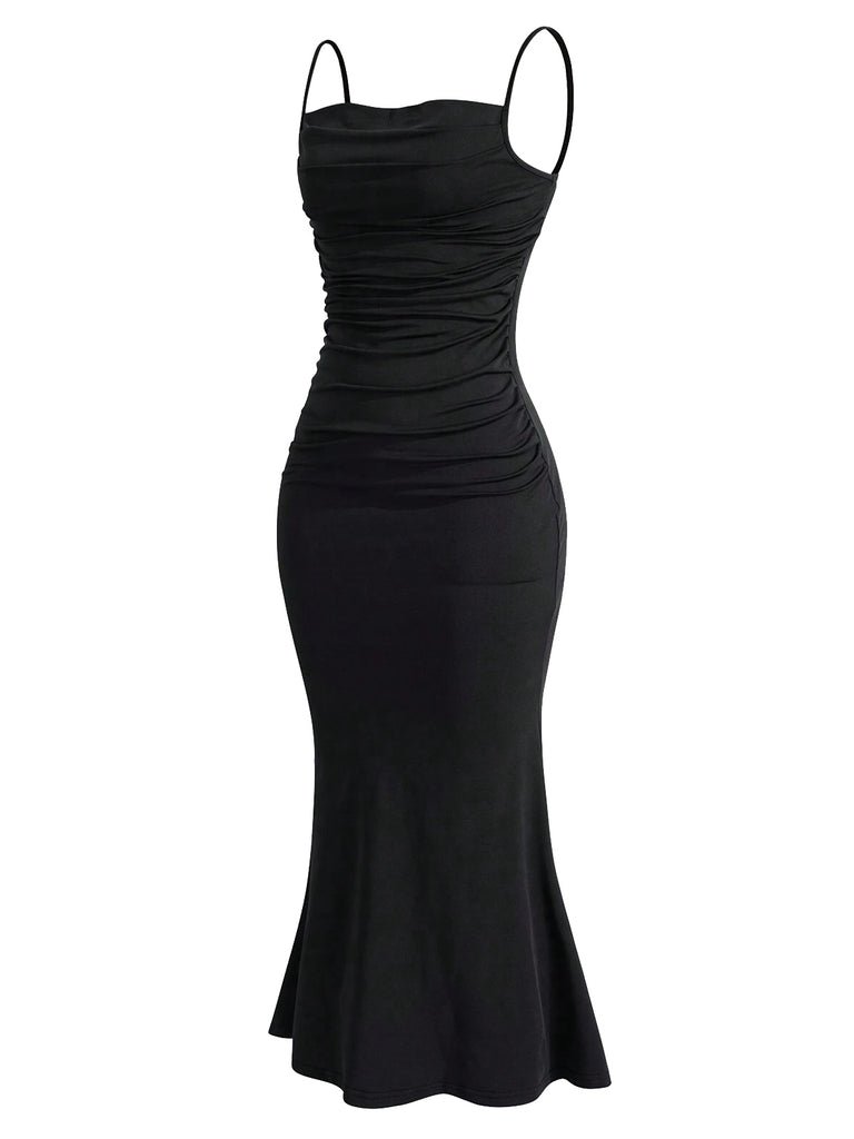 Black 1930s Solid Spaghetti Strap Mermaid Dress: where 1930s romance meets her modern spirit