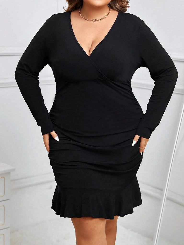 She slips into this Black 1930s Solid V-Neck Ruffle Hem Dress and suddenly it's a 1930s daydream