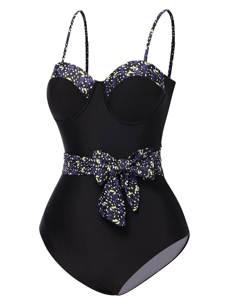 Black 1930s Spaghetti Strap Polka Dots Bow Swimsuit: 1930s Riviera elegance, reimagined for her