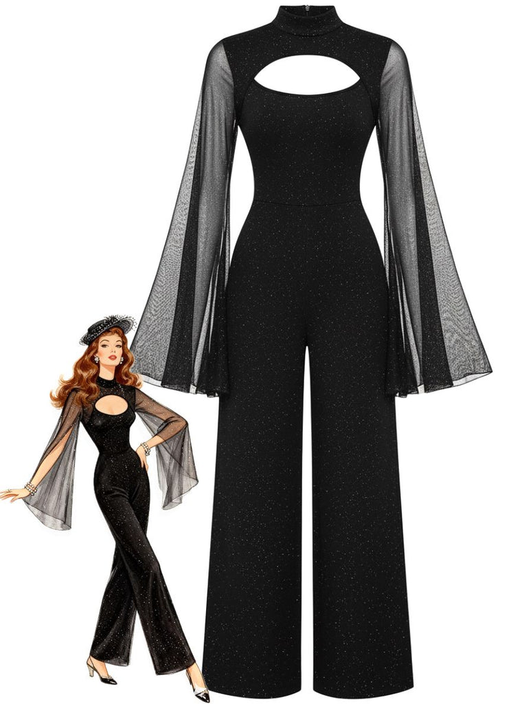 Black 1930s Sparkly Cutout Jumpsuit with Cape - vintage jumpsuit, retro fashion, classic black
