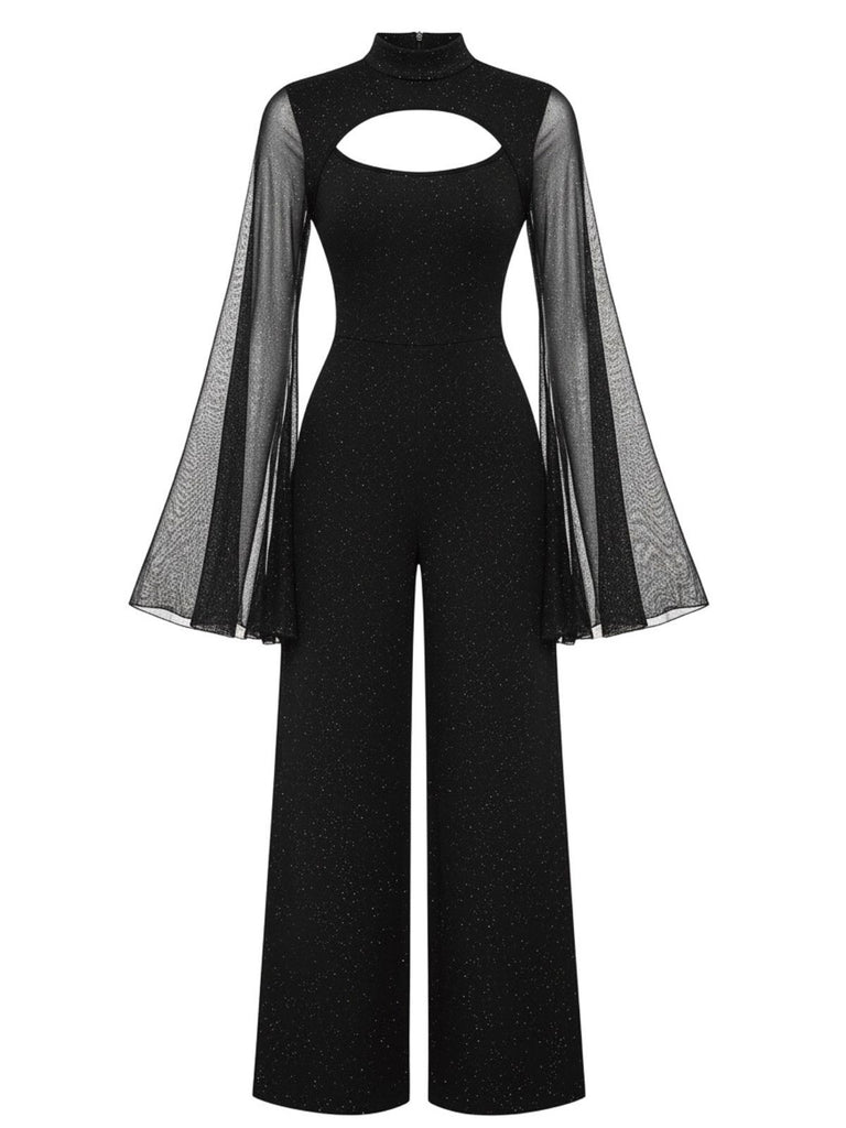 Black 1930s Sparkly Cutout Jumpsuit with Cape - vintage jumpsuit, retro fashion, classic black