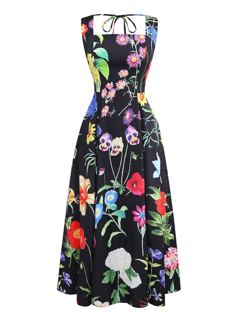 Black 1930s Square Neck Floral Maxi Dress - vintage dress, retro fashion, classic black