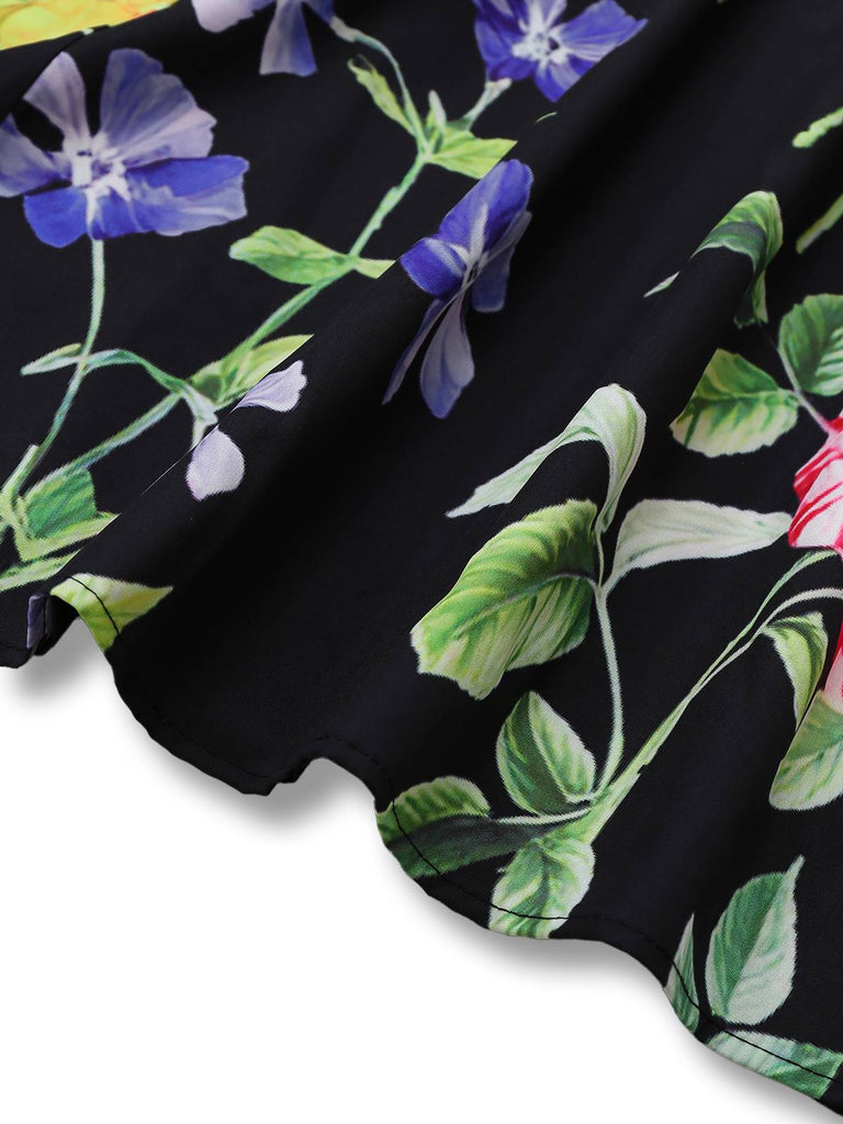 Black 1930s Square Neck Floral Maxi Dress - vintage dress, retro fashion, classic black