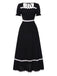 Black 1930s Square Neck Lace-Up Puff Sleeve Dress, vintage dress, retro fashion, lace detail - perfect for women who love vintage and retro fashion