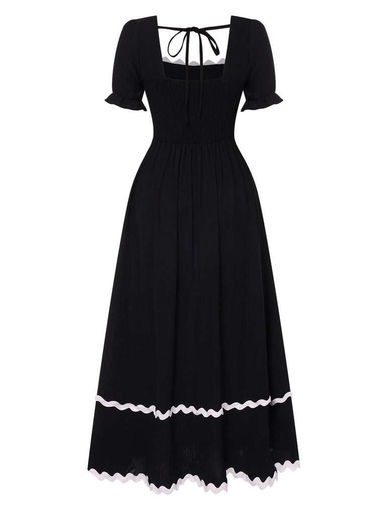 Black 1930s Square Neck Lace-Up Puff Sleeve Dress, vintage dress, retro fashion, lace detail - perfect for women who love vintage and retro fashion