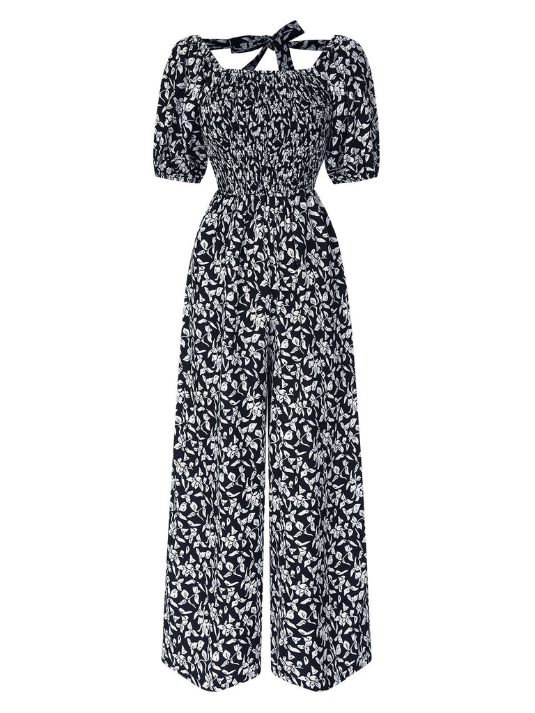 Black 1930s Square Neck Puff Floral Jumpsuit, vintage romper, retro jumpsuit - perfect for women who love vintage and retro fashion